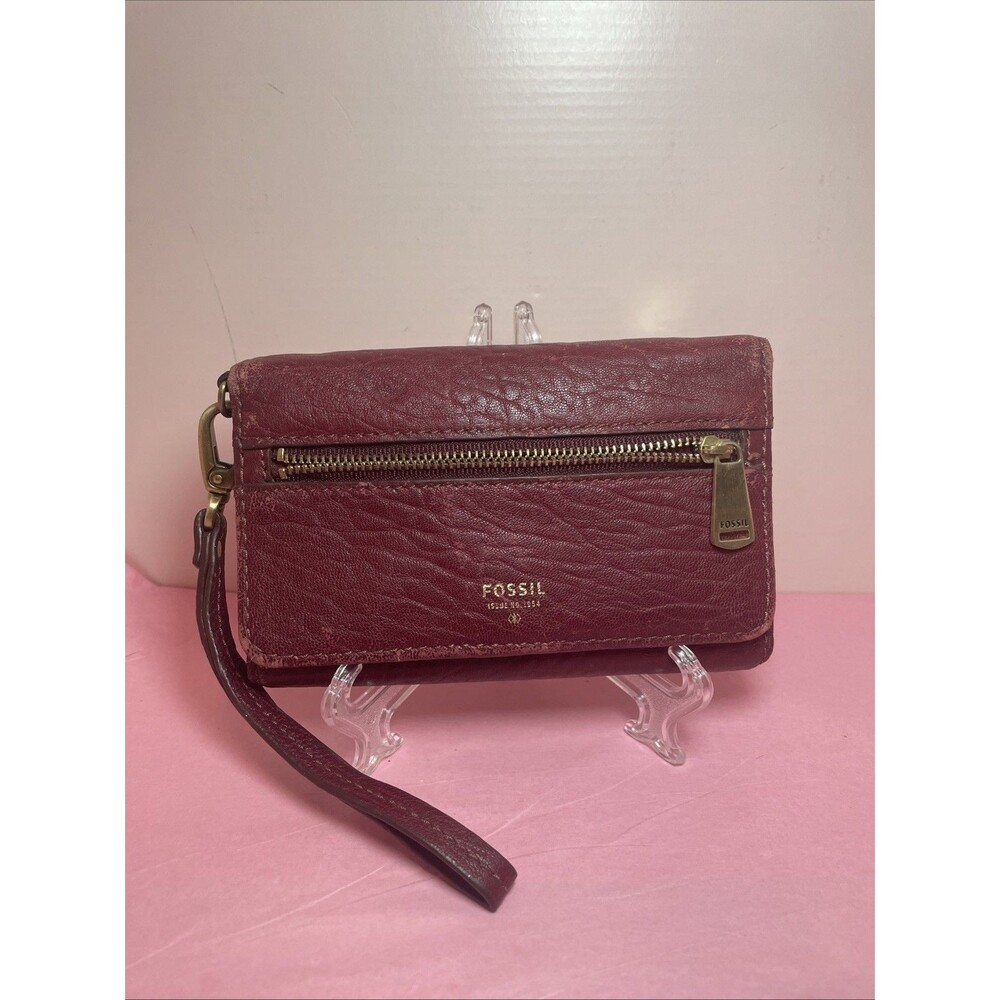 Fossil Women's Burgundy Leather Wristlet Wallet Vtg ID Card Organizer FOSSIL